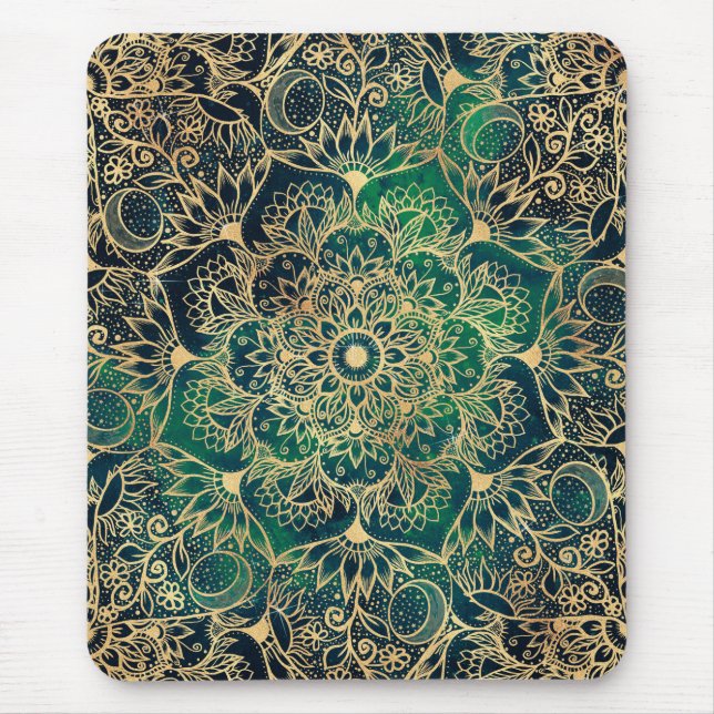 Elegantes Gold Floral Mandala Green Blue Design Mousepad (Vorne)