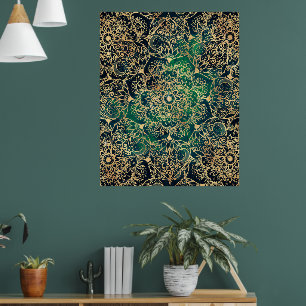 Elegantes Gold Floral Mandala Green Blue Design Poster