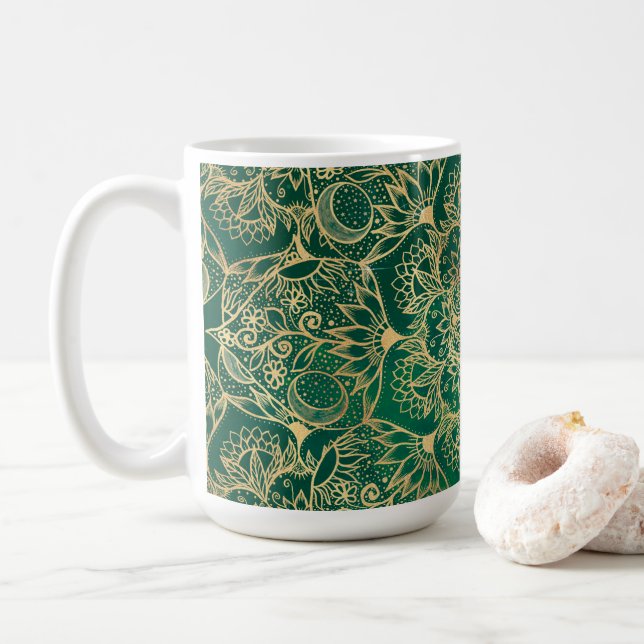 Elegantes Gold Floral Mandala Green Design Kaffeetasse (Mit Donut)