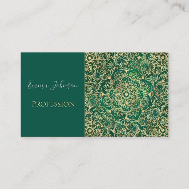 Elegantes Gold Floral Mandala Green Design Visitenkarte (Vorderseite)