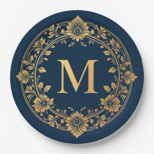 Elegantes Gold Floral Monogram Design Pappteller