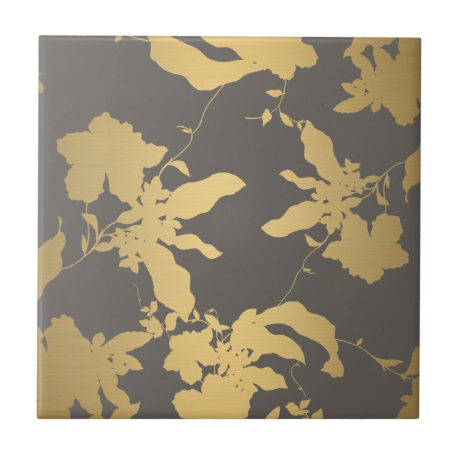 Elegantes Gold Floral Muster Grau Keramik Tile Fliese (Vorderseite)
