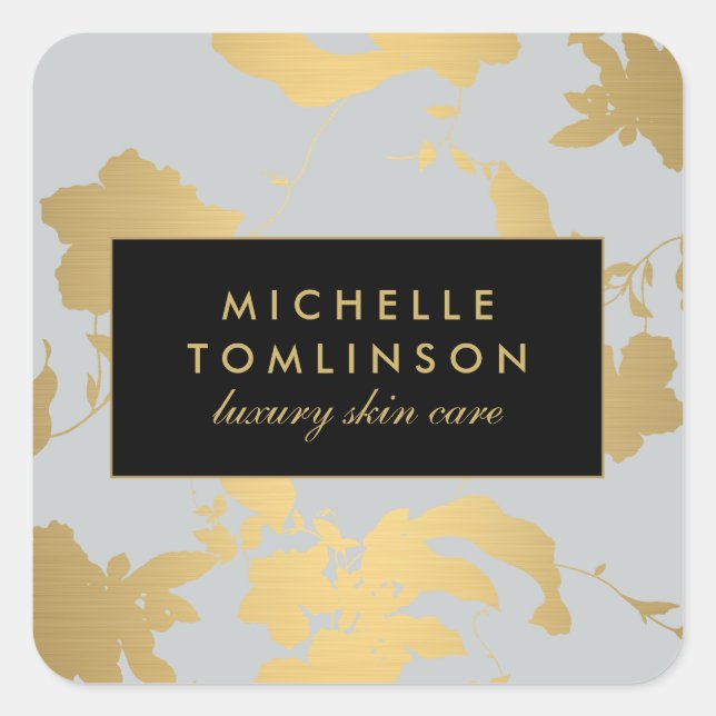 Elegantes Gold Floral Muster Grau Quadratischer Aufkleber (Vorderseite)