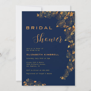 Elegantes Gold Floral Navy Blue Brautparty Einladung