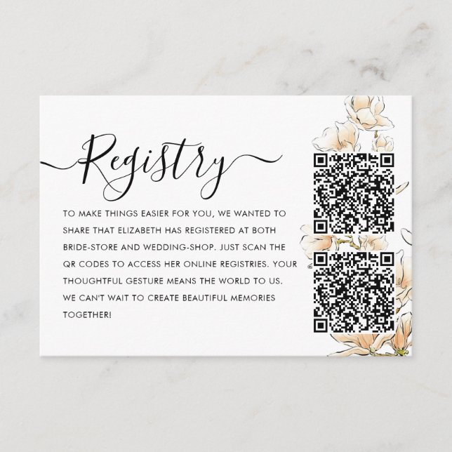 Elegantes Gold Floral Registry QR Code Brautparty Begleitkarte (Vorderseite)