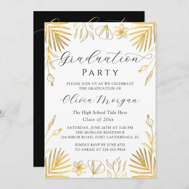 Elegantes Gold Floral Script Graduation Party Foto Einladung (Vorne/Hinten)