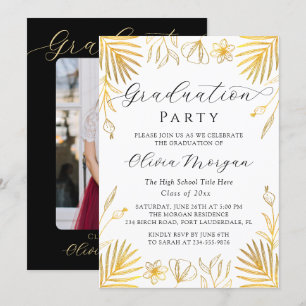 Elegantes Gold Floral Script Graduation Party Foto Einladung