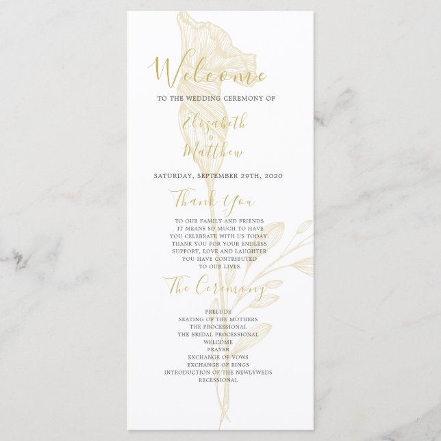 Elegantes Gold Floral Script Simple Wedding Progra Programm (Vorderseite)