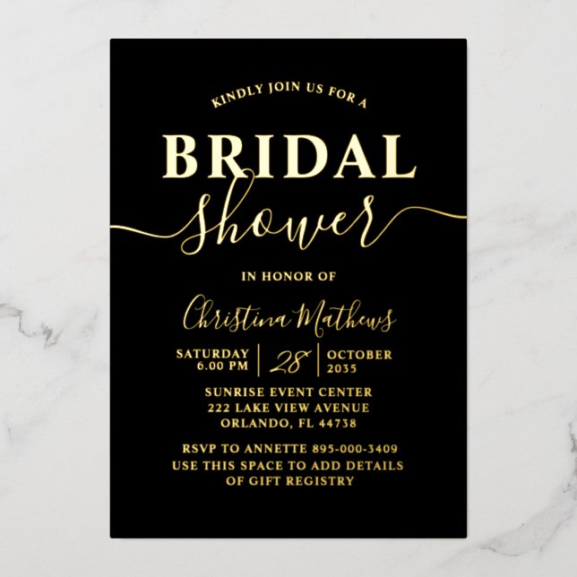 Elegantes Gold Foil Calligrafy Brautparty Folieneinladung (Vorderseite)