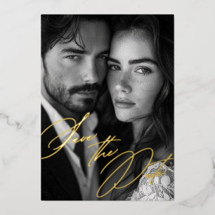Elegantes Gold Foil Calligrafy Foto Save the Date Folieneinladung