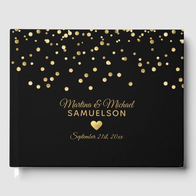 Elegantes Gold Foil Heart Black Wedding Gästebuch (Vorderseite)
