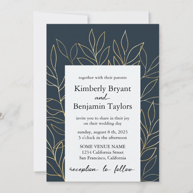 Elegantes Gold Foliage. Dusty Blue Luxury Wedding Einladung (Vorderseite)