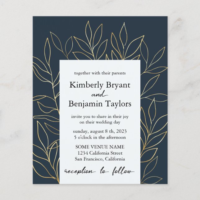 Elegantes Gold Foliage. Dusty Blue Luxury Wedding Flyer (Vorne)
