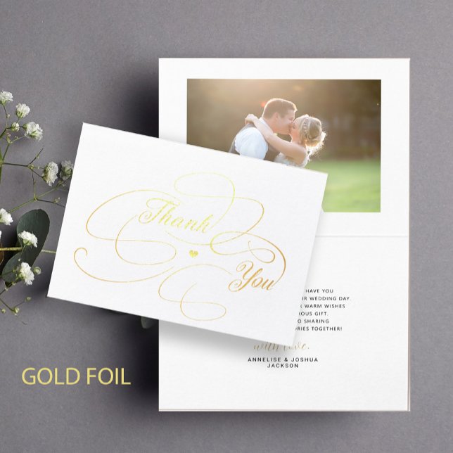 Elegantes Gold-Folie Drehbuch Foto Hochzeit danke Folienkarte (Von Creator hochgeladen)