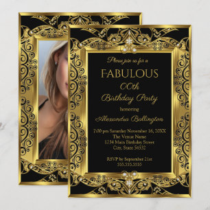 Elegantes Gold Foto Geburtstagsparty Black Damask Einladung