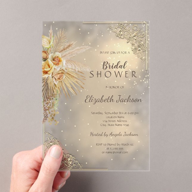 Elegantes Gold Frame Boho Blume Brautparty Acryleinladungen (Insitu (Handheld))