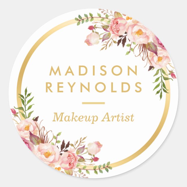Elegantes Gold Frame Rosa Floral Personal Business Runder Aufkleber (Vorderseite)