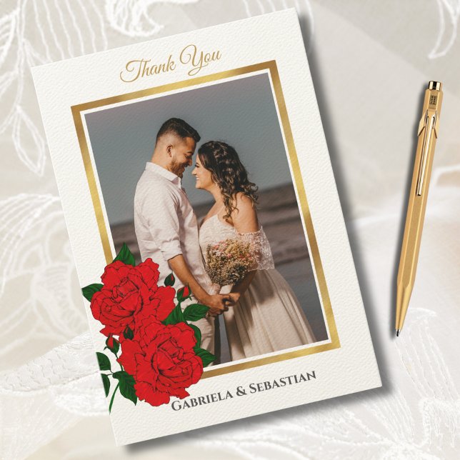 Elegantes Gold Frame Rote Rosen Hochzeit Foto Dankeskarte (Von Creator hochgeladen)