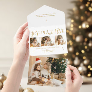 Elegantes Gold Freude Frieden Liebe Skript 3-Foto All In One Einladung