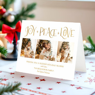 Elegantes Gold Freude Frieden Liebe Skript 3-Foto Feiertagskarte