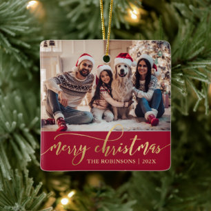 Elegantes Gold Frohe Weihnachten Skript Foto Rot Keramikornament
