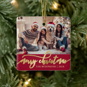 Elegantes Gold Frohe Weihnachten Skript Foto Rot  Keramikornament