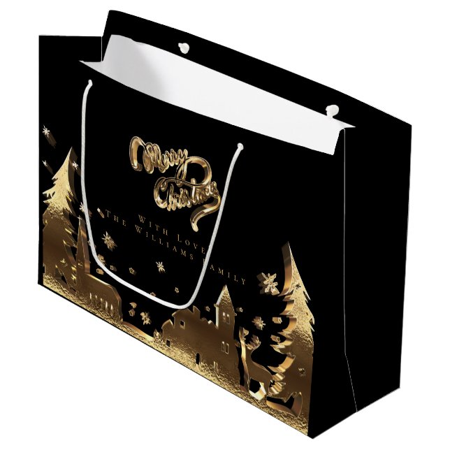 Elegantes Gold Frohe Weihnachtsdorf Große Geschenktüte (Vorderseite Schrägansicht)