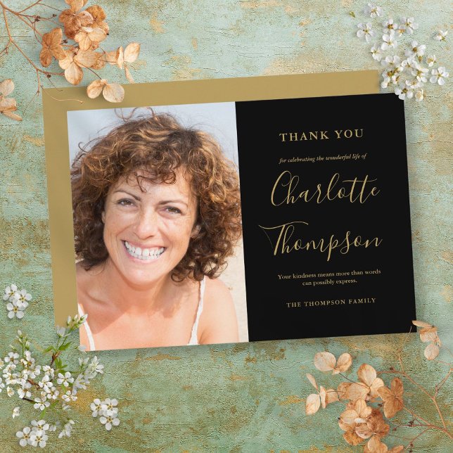Elegantes Gold-Gedächtnis Beerdigung-Foto Dankeskarte (Elegant Gold Memorial Funeral Photo Thank You Card)