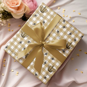 Elegantes Gold-Gingham Royal Queen Bee Muster Geschenkpapier
