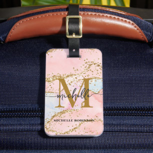 Elegantes Gold Glitter Rosa Achat Monogramm Initia Gepäckanhänger