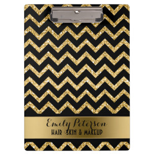 Elegantes Gold-Glitter-Schwarz-Chevron mit goldene Klemmbrett