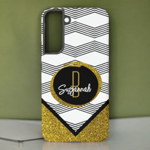 Elegantes Gold-Glitter Schwarz-Weiß-Zickzack-Muste Samsung Galaxy Hülle