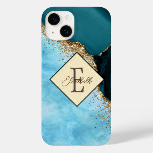 Elegantes Gold Glitter Türkis Marmor Monogramm Case-Mate iPhone 14 Hülle