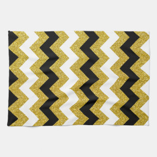 Elegantes Gold Glitter Weiß Schwarz Chevron Geschirrtuch