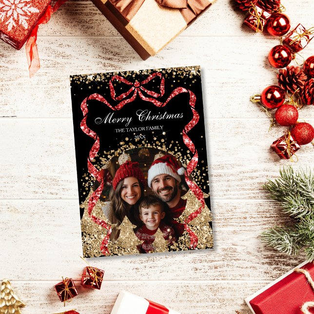 Elegantes Gold GlitterRibbon Weihnachtsbaum-Foto Einladung (Von Creator hochgeladen)