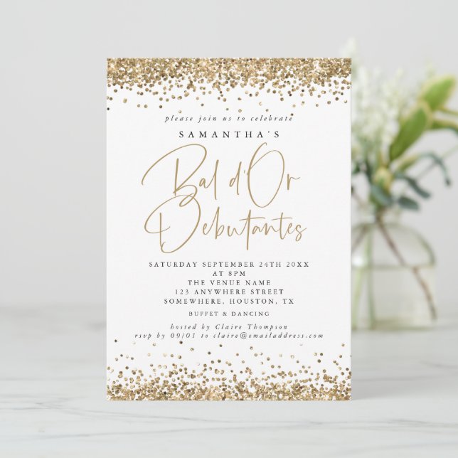 Elegantes Gold Glitzer Bal D oder Debutantes Party Einladung (Stehend Vorderseite)