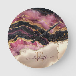 Elegantes Gold Glitzer Black Burgundy Monogramm Runde Wanduhr