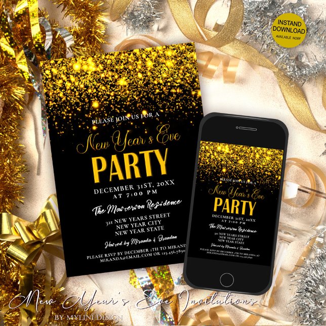 Elegantes Gold Glitzer & Black New Year's Eve Part Einladung (Von Creator hochgeladen)