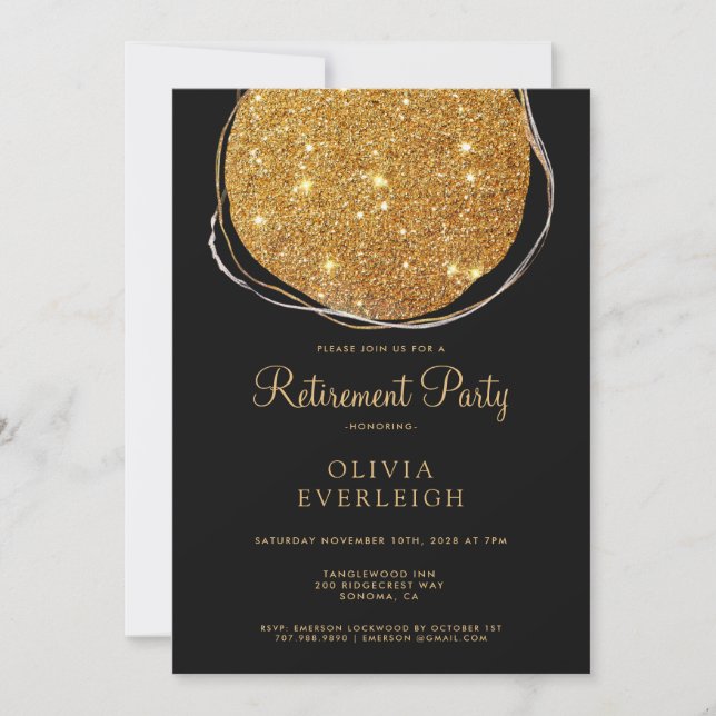 Elegantes Gold Glitzer Circle Retirement Party Bla Einladung (Vorderseite)
