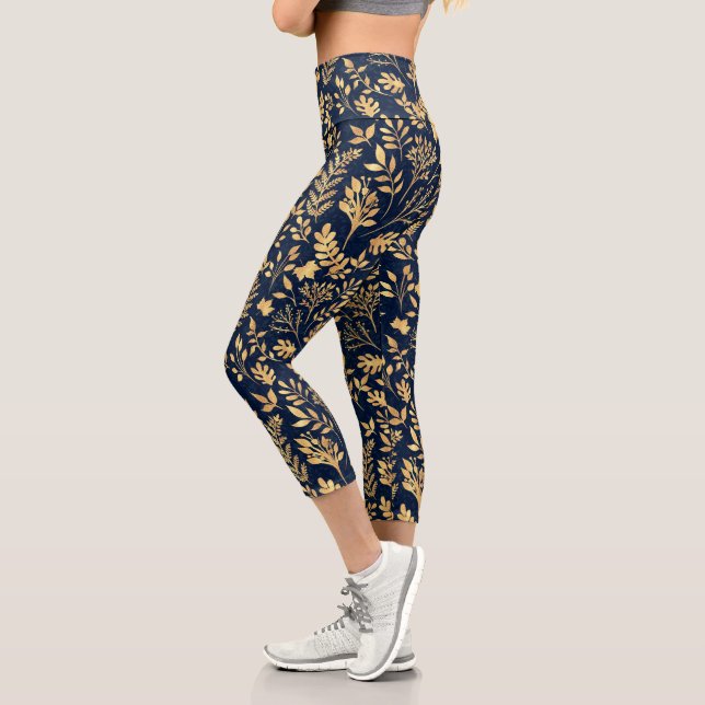 Elegantes Gold Glitzer Foliage Navy-Blue Design Capri Leggings (Links)