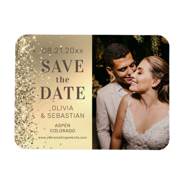 Elegantes Gold Glitzer Foto Hochzeit speichern Magnet (Horizontal)