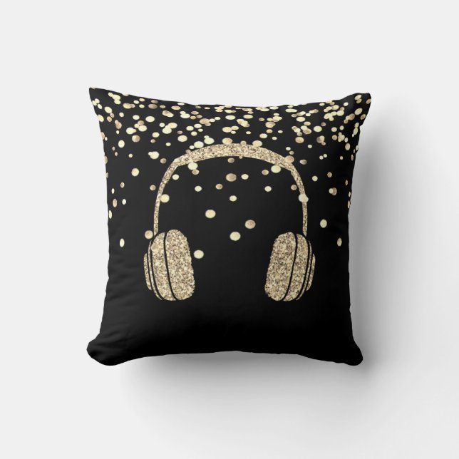 Elegantes Gold Glitzer Headphone, Confetti, Black Kissen (Vorderseite)