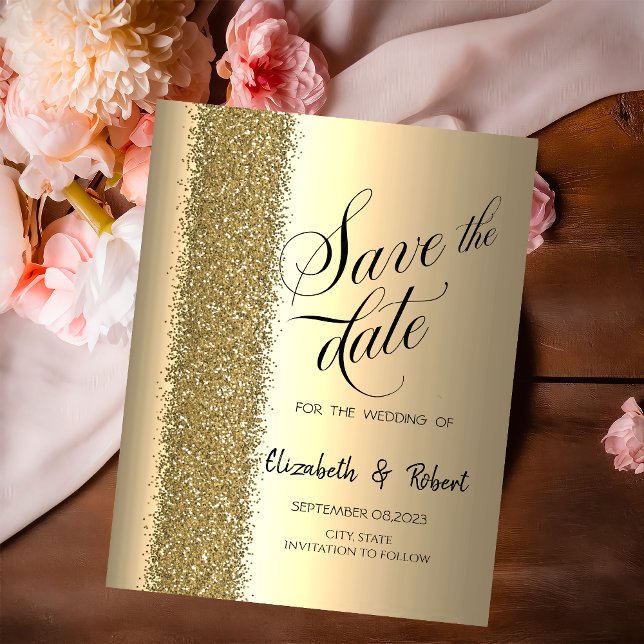 Elegantes Gold-Glitzer-Skript Save the Date (Von Creator hochgeladen)