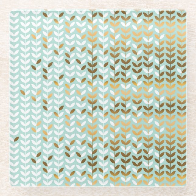 Elegantes Gold Green Leaf Muster Glasuntersetzer (Vorderseite)