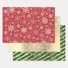 Elegantes Gold Green Red Christmas Snowflake Muste Geschenkpapier Set