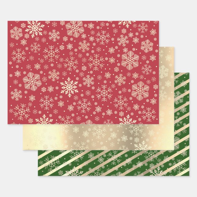 Elegantes Gold Green Red Christmas Snowflake Muste Geschenkpapier Set (Set)