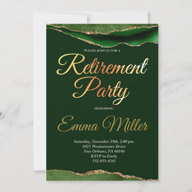 Elegantes Gold Green Retirement Party Einladung (Vorderseite)