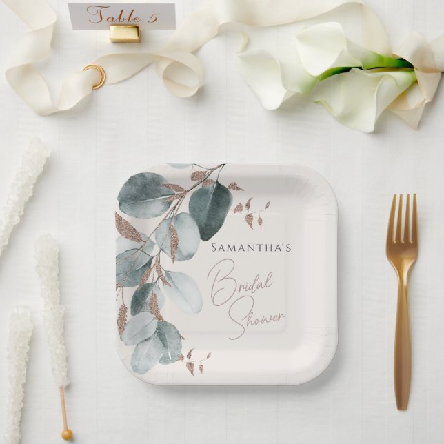 Elegantes Gold Green Sparkline Blätter Brautparty Pappteller (Hochzeit)