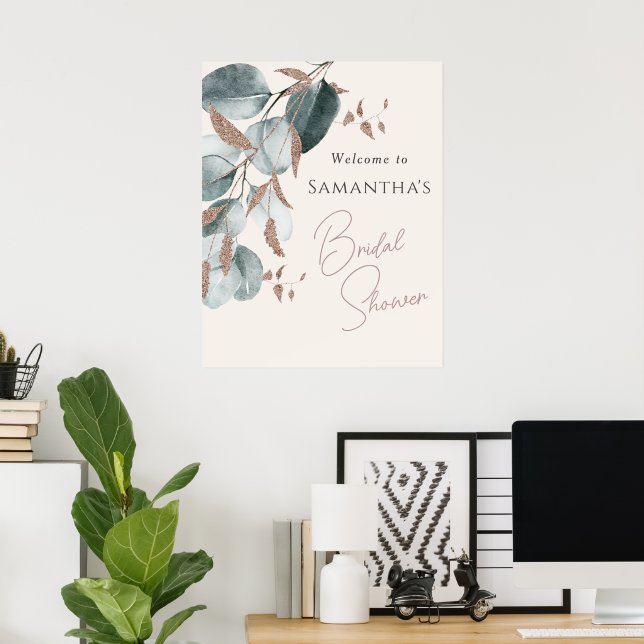 Elegantes Gold Green Sparkling Blätter Brautparty Poster (Heimbüro)