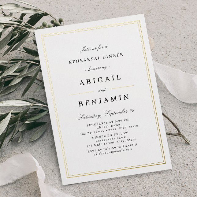 Elegantes Gold grenzt an minimalistische Probe-Din Folieneinladung (Elegant gold borders minimalist rehearsal dinner foil invitation)